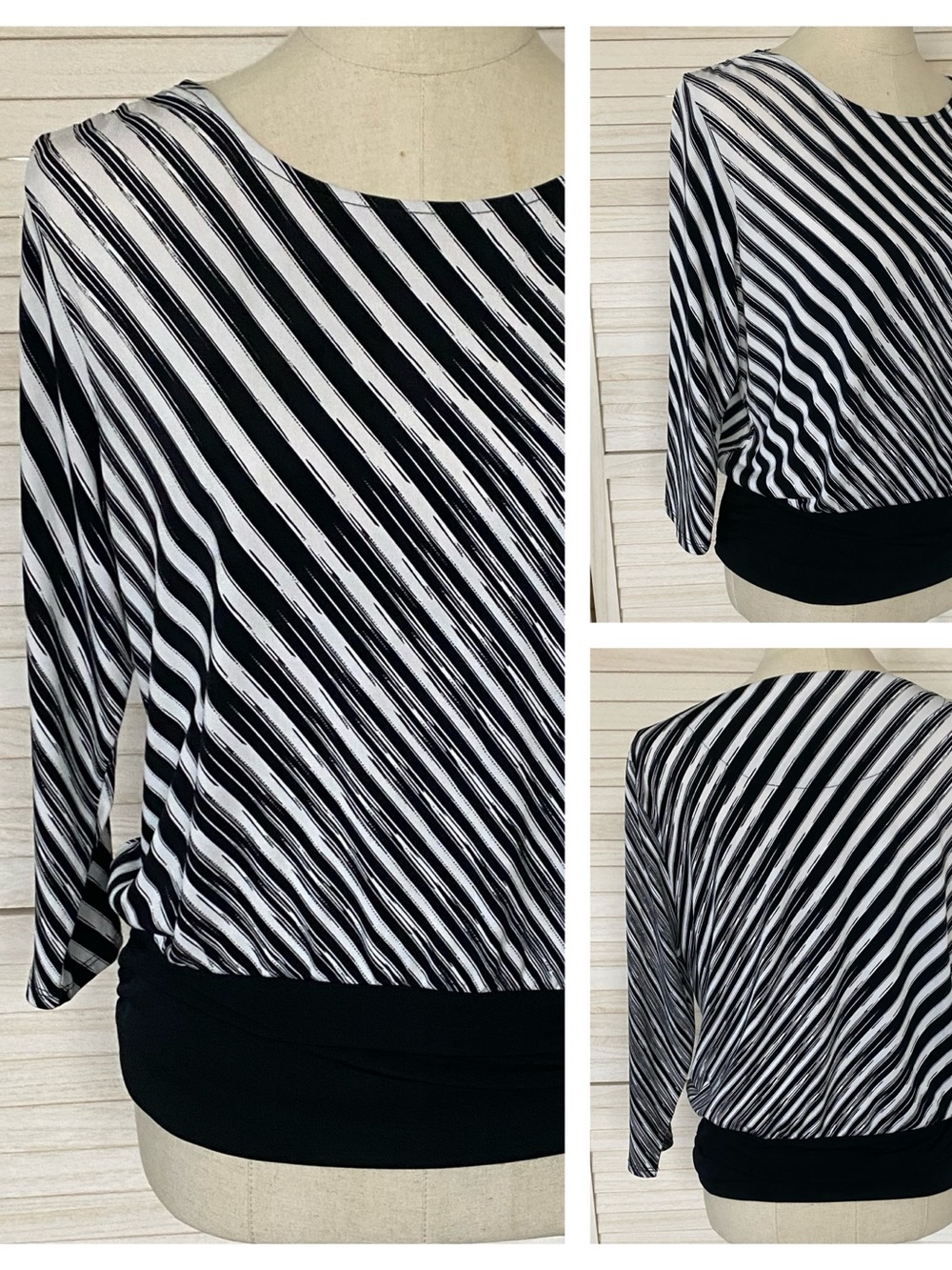 Chico's Black & White Diagonal Stripe Scoop-Neck Top SZ M 8